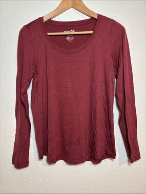 Wool& Long Sleeve Scoop Neck Maroon Fine Striped Tee Merino Wool Minimalist